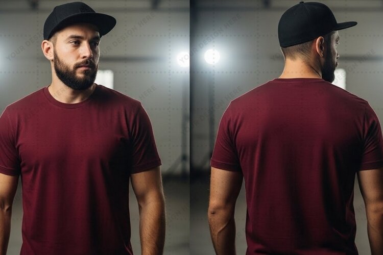 Men's burgundy T-shirt Mockup Design example image 1