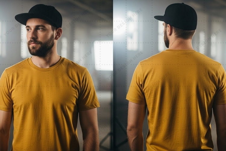 Mens mustard yellow cap T-shirt Mockup Design