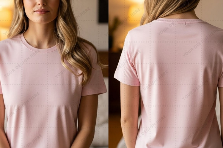 Women's pink solid crew neck T-shirt Mockup Design