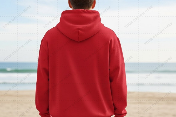Red hoodie on beach T-shirt Mockup Design