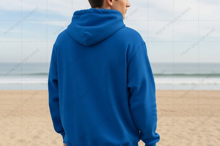 Royal blue hoodie on beach T-shirt Mockup Design
