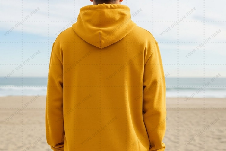 Mustard yellow hoodie on beach T-shirt Mockup Design