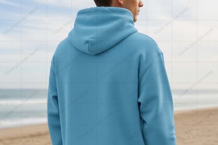 Light blue hoodie on beach T-shirt Mockup Design example image 1