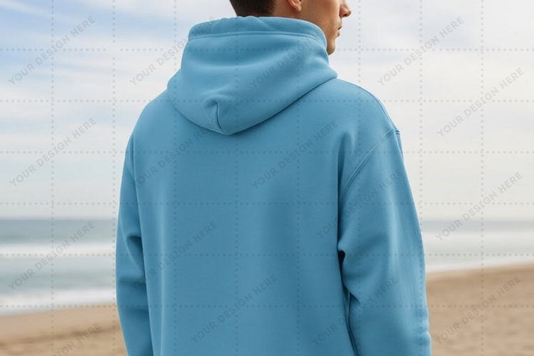 Light blue hoodie on beach T-shirt Mockup Design