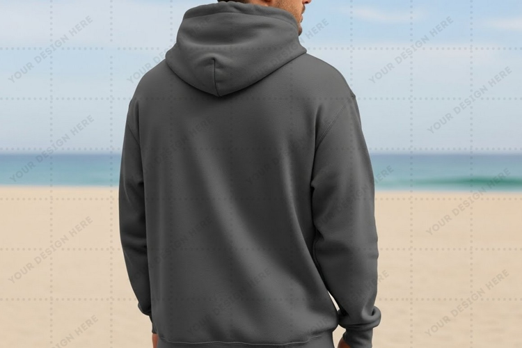 Men's casual hoodie on beach T-shirt Mockup Design