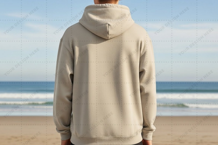 Beige hoodie on beach T-shirt Mockup Design