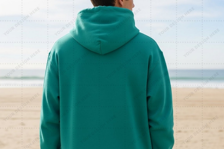 Teal hoodie on beach T-shirt Mockup Design