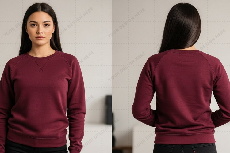 Women's burgundy long sleeve T-shirt Mockup Design