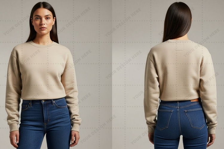 Women's cropped beige sweater T-shirt Mockup Design