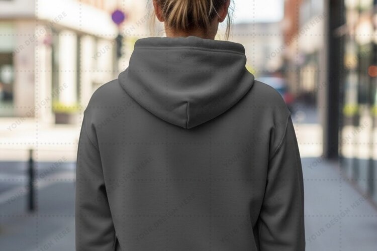 Stylish gray hoodie in urban setting T-shirt Mockup Design example image 1