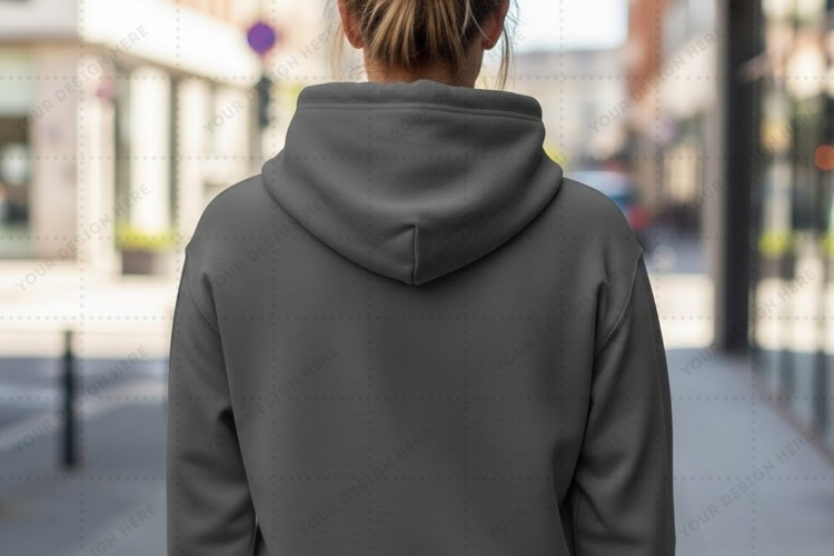 Stylish gray hoodie in urban setting T-shirt Mockup Design