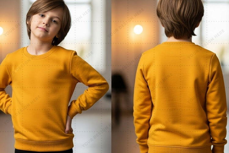 Mustard yellow kids' long sleeve T-shirt Mockup Design