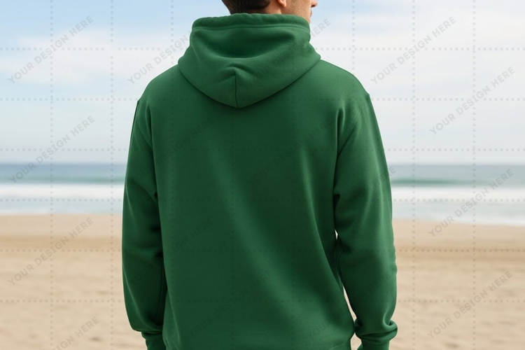 Green hoodie on beach T-shirt Mockup Design