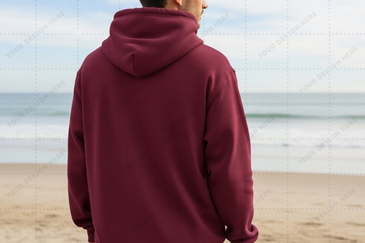 Maroon hoodie on beach T-shirt Mockup Design