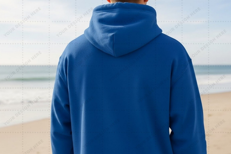 Blue hoodie on beach T-shirt Mockup Design