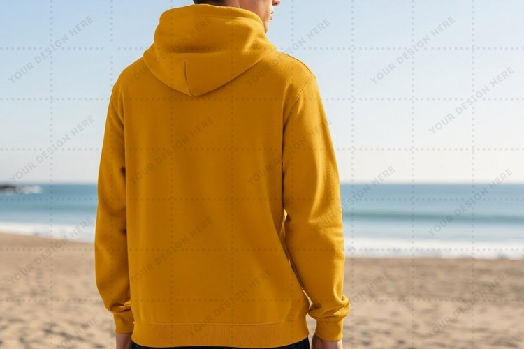 Mustard yellow hoodie on beach T-shirt Mockup Design