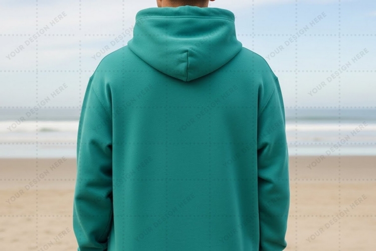 Teal hoodie on beach T-shirt Mockup Design