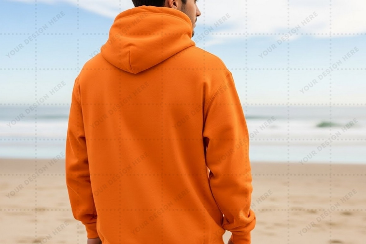 Orange hoodie on beach T-shirt Mockup Design