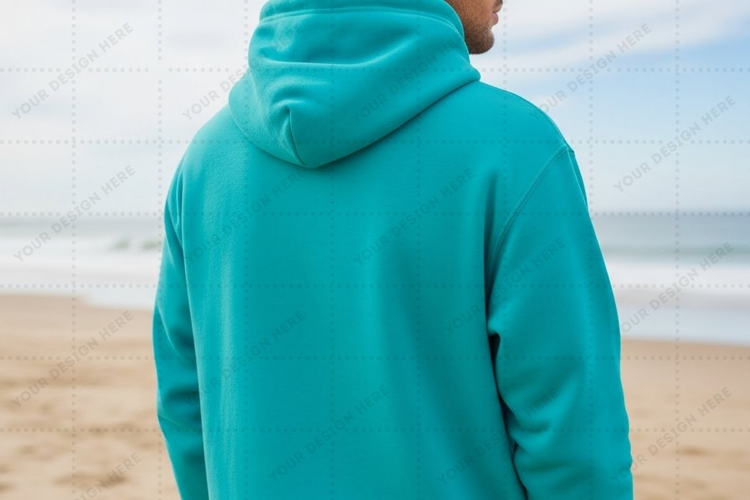 Turquoise hoodie on beach T-shirt Mockup Design