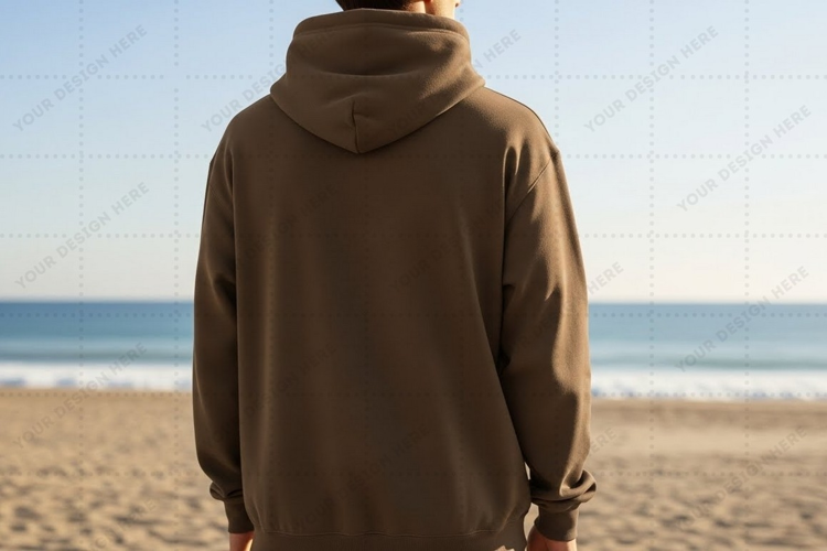 Brown hoodie on beach T-shirt Mockup Design