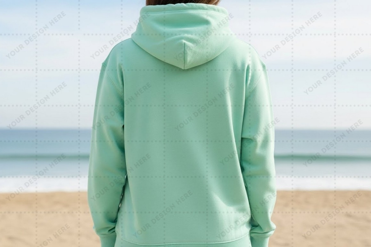 Mint green hoodie on beach T-shirt Mockup Design