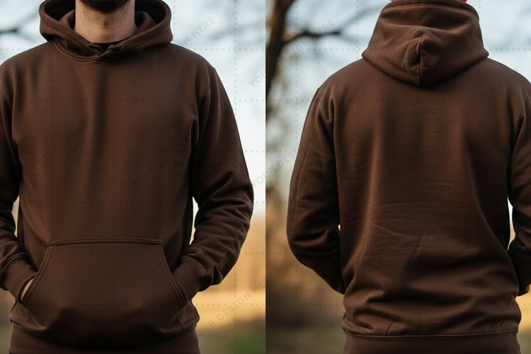 Brown hooded sweatshirt front pocket T-shirt Mockup Design