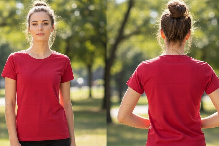 Red t-shirt women's casual wear T-shirt Mockup Design