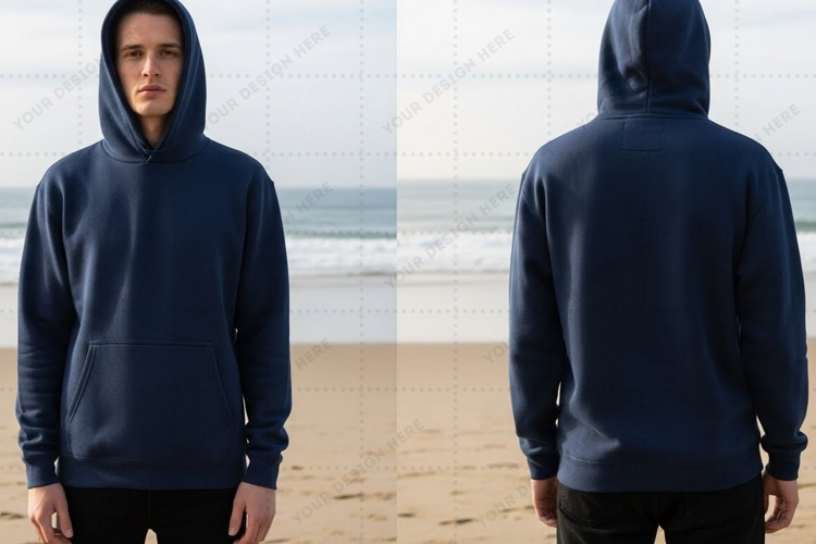 Men's navy blue hoodie beach outfit T-shirt Mockup Design