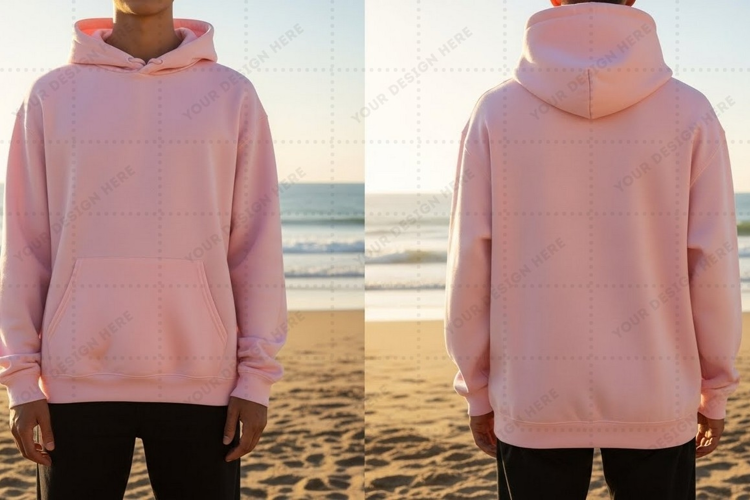 Pink hoodie on beach T-shirt Mockup Design