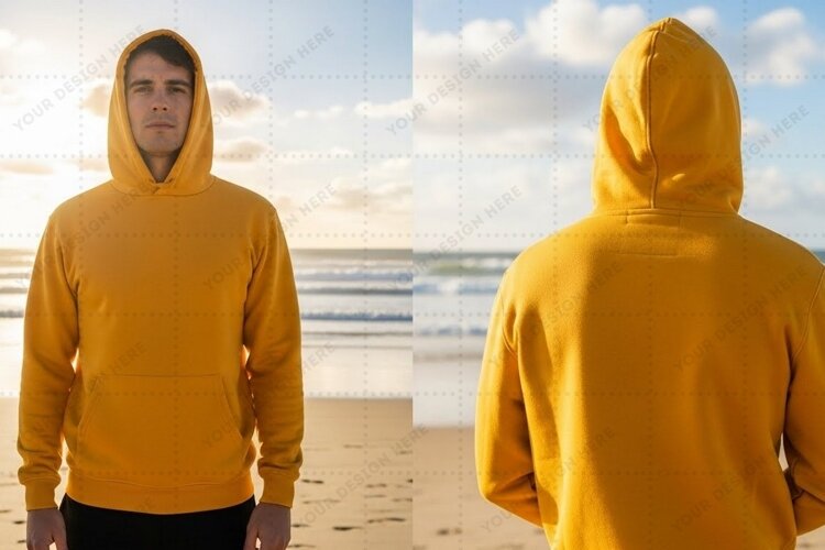 Bright yellow hoodie on beach T-shirt Mockup Design example image 1