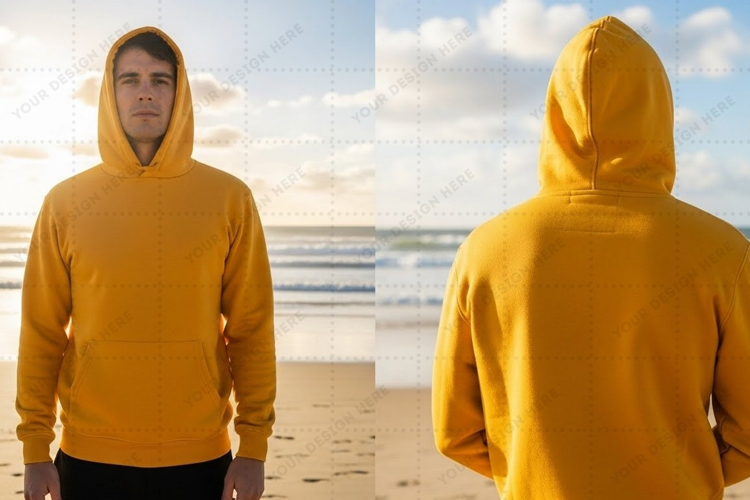 Bright yellow hoodie on beach T-shirt Mockup Design