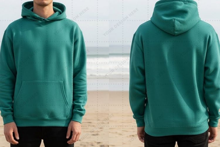 Teal hoodie on beach T-shirt Mockup Design