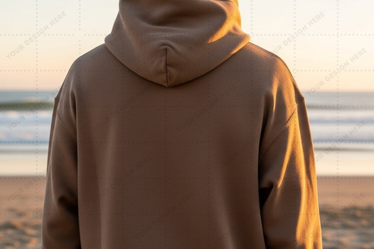Brown hoodie on beach T-shirt Mockup Design