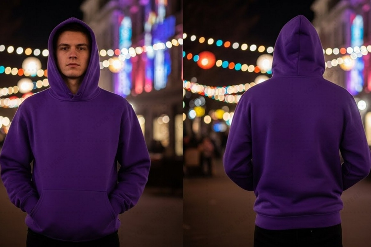 Vibrant purple hoodie in festive night scene T-shirt Mockup