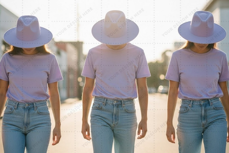 Lilac t-shirt and blue hat outfit mockup