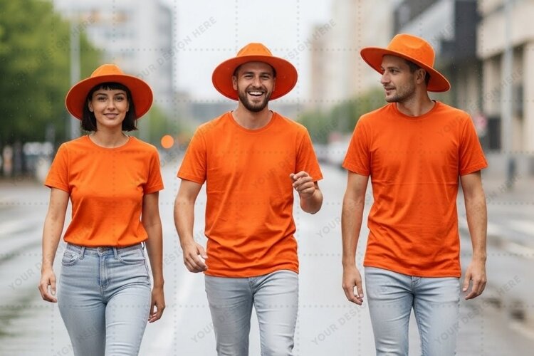 Bright orange t-shirt mockup with matching hats example image 1