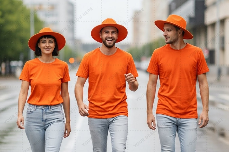 Bright orange t-shirt mockup with matching hats