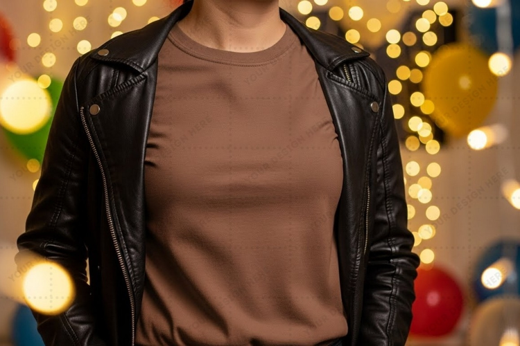 Brown t-shirt mockup with leather jacket