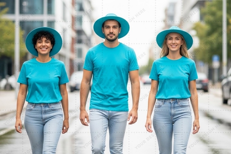 Turquoise t-shirt mockup design with hats