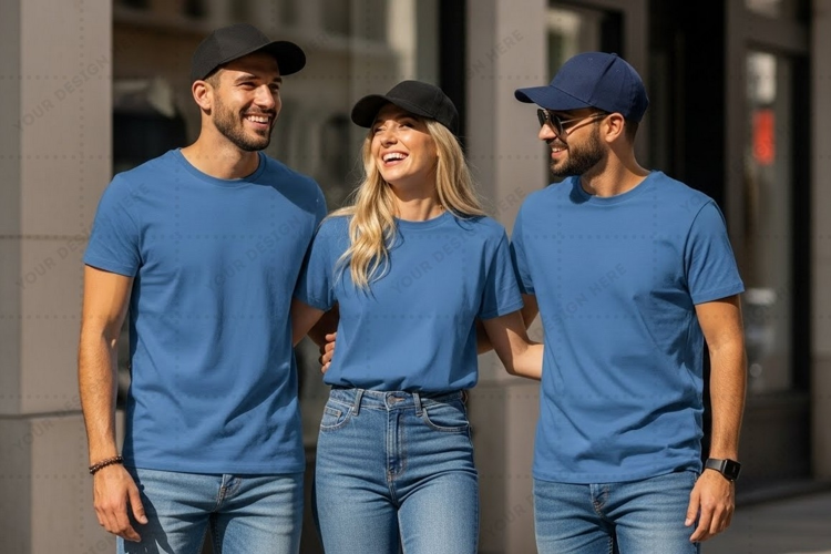 Blue t-shirt mockup design with happy group