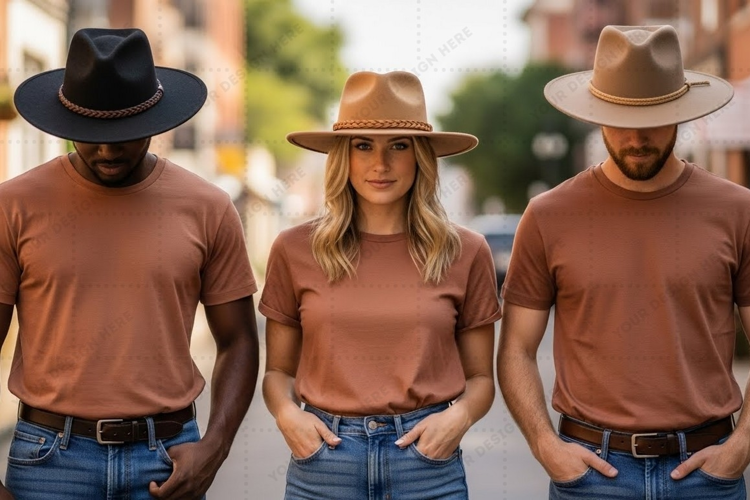 Casual brown t-shirt mockup design with hats