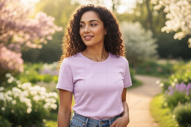 Women's pastel pink t-shirt in garden setting