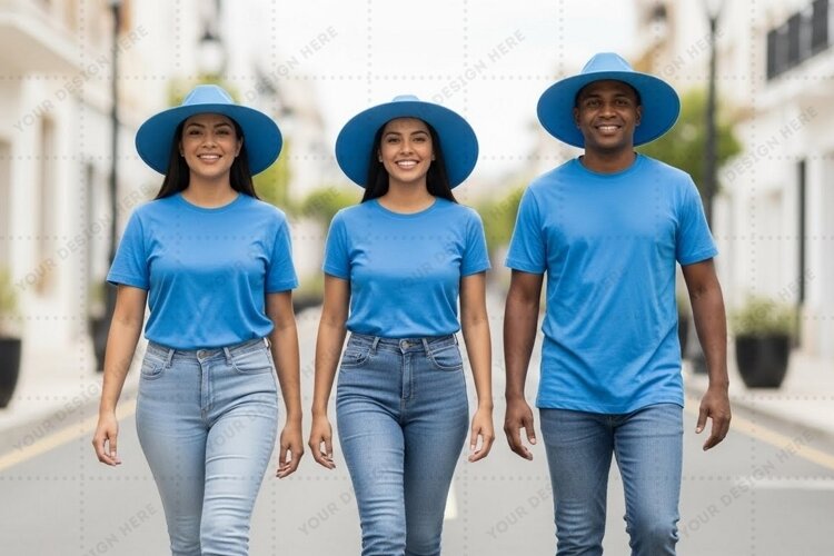 Casual blue t-shirt mockup design with group of people example image 1