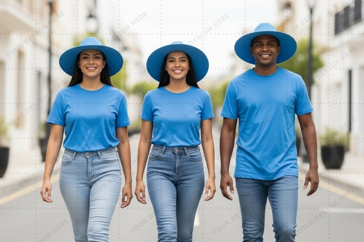 Casual blue t-shirt mockup design with group of people