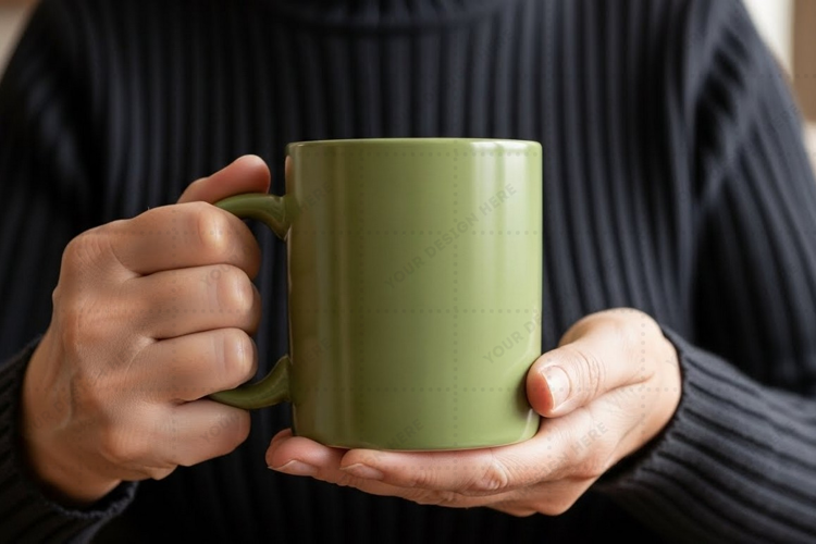 Green ceramic mug with heart pattern mockup