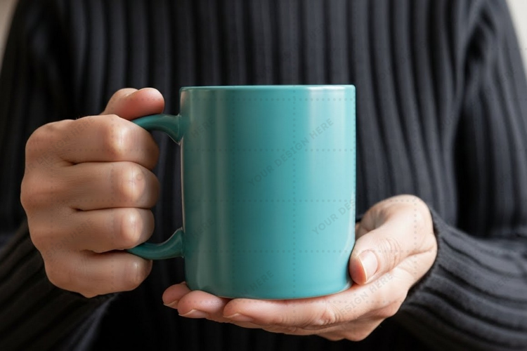 Turquoise ceramic mug with diamond pattern mockup design