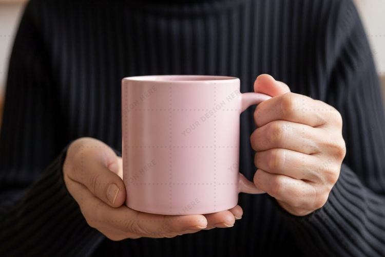 Elegant pink ceramic mug with heart mockup design
