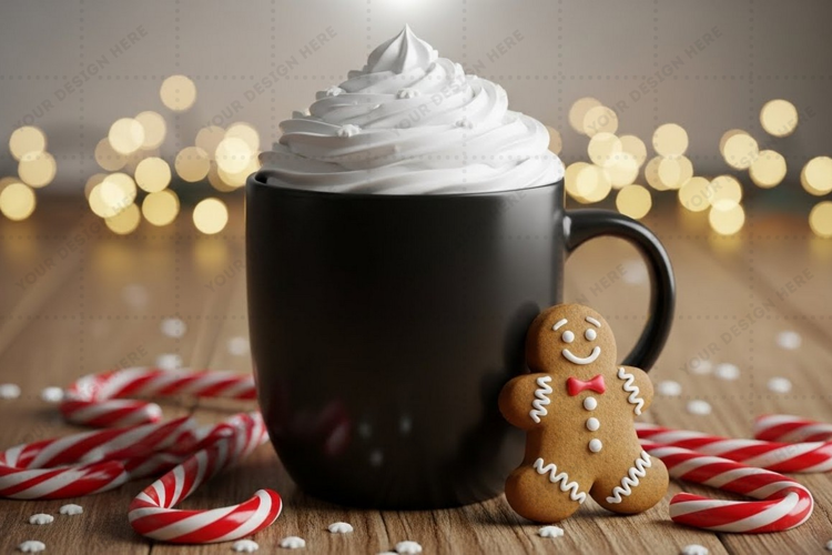 Holiday-themed mug mockup with whipped cream and gingerbread
