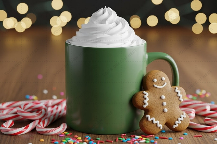 Holiday-themed green mug with whipped cream and gingerbread
