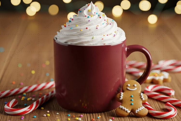 Holiday-themed coffee mug with whipped cream and gingerbread